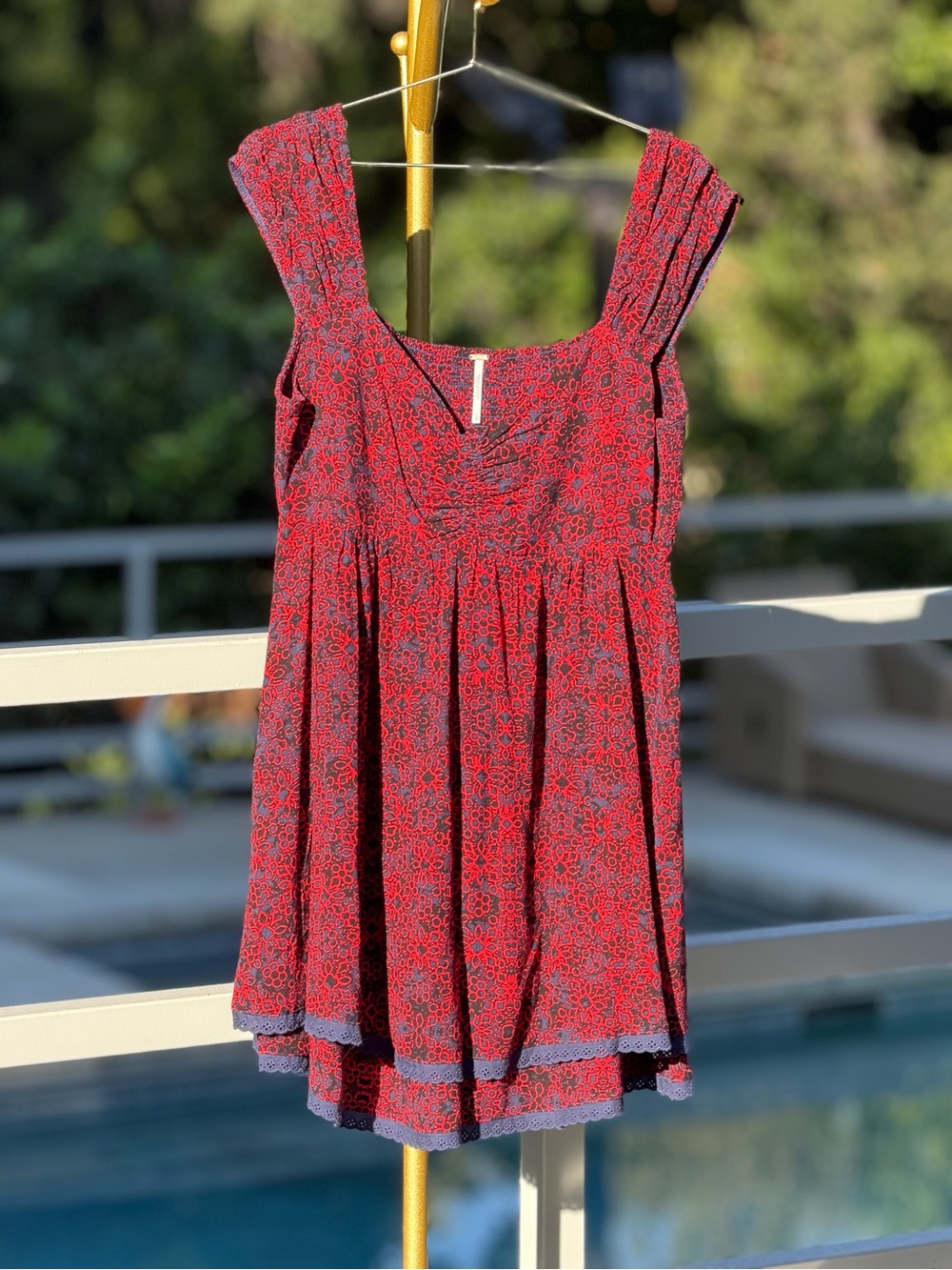 Free People Red Floral Mini Dress with Blue Trim